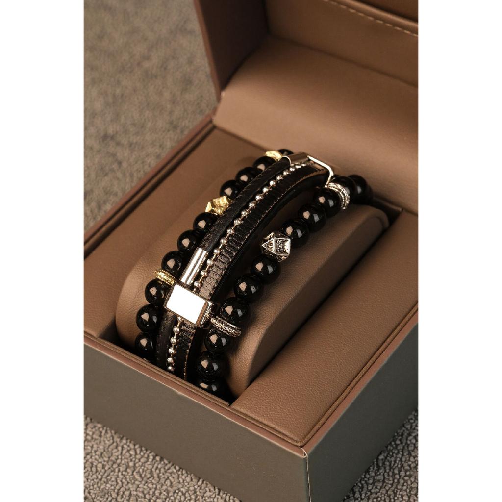 Set di bracciali da uomo in pelle e pietra naturale