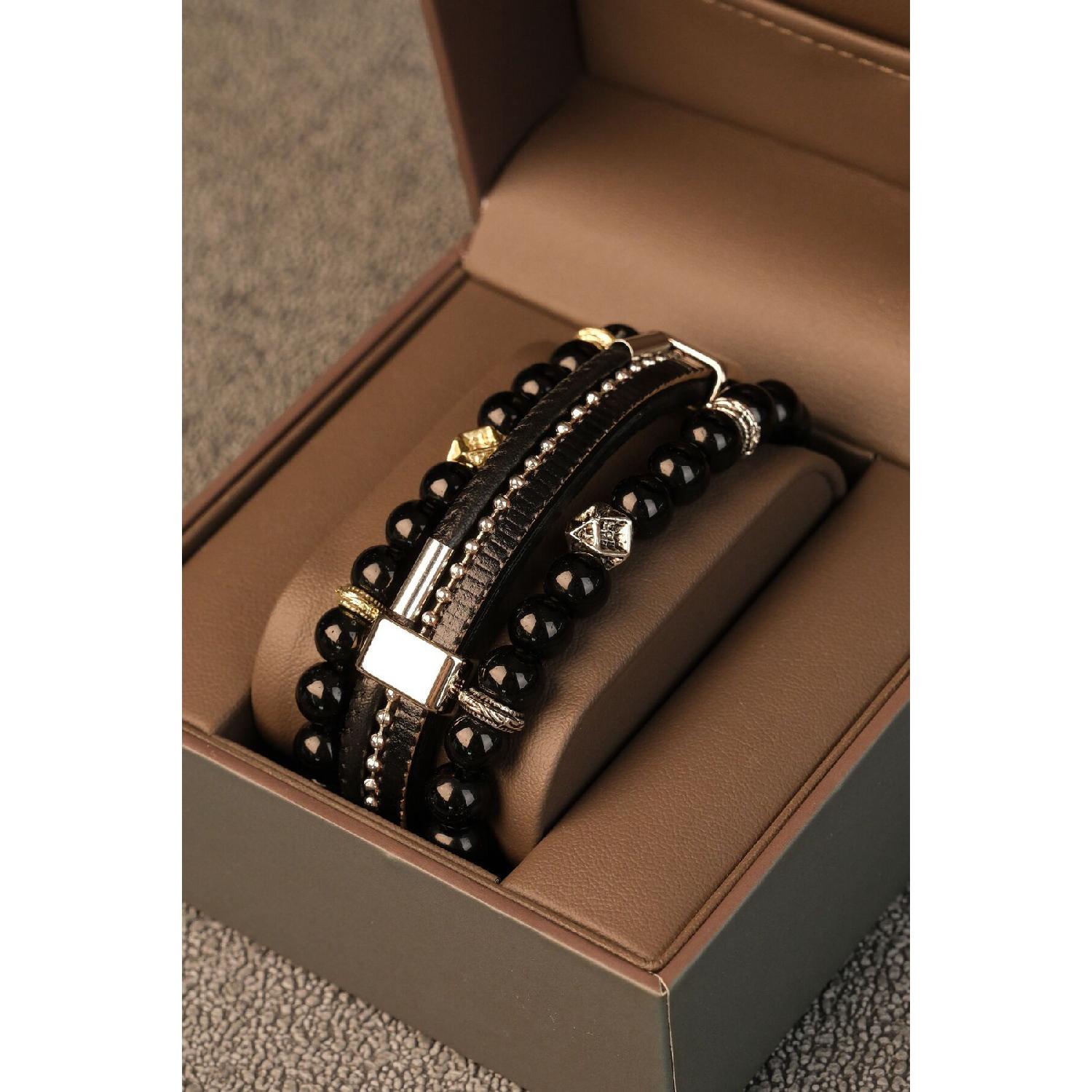 

Men s Leather And Natural Stone Bracelet Combination Set 0 чистый