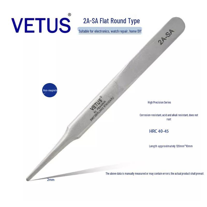 Genuine VETUS 2A-SA High-Precision Stainless Steel Anti-Magnetic Tweezers for Watchmaking and Mobile Repair