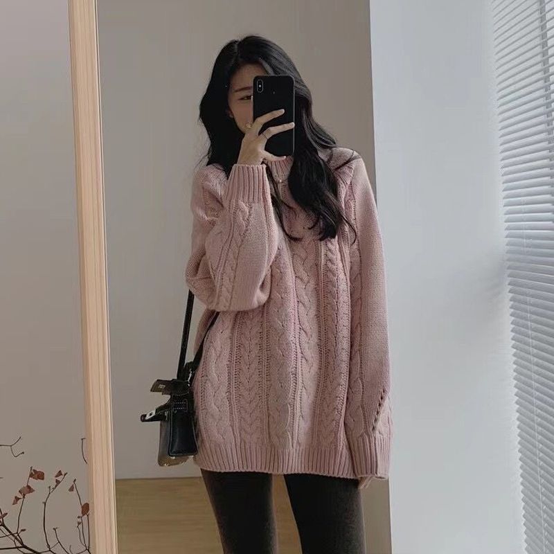 

Мягкий восковой однотонный свитер с косами для женского осенне-зимнего сезона, новый свободный ретро ленивый стиль, высококачественный синий пуловер для женщин average size