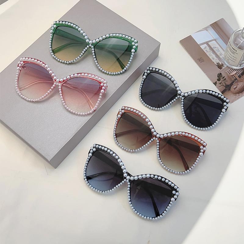 Chic Pearl Shiny Trends Shades Women Fashion Cat Eye Gradient Sunglasses Oversize Decor Outdoor Pink Sun Glasses