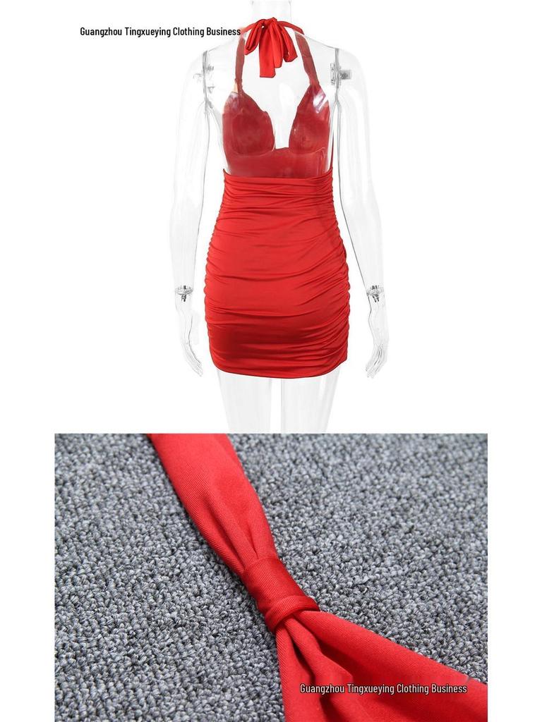 Women's Summer Deep V-Neck Halter Backless Pleated Dress