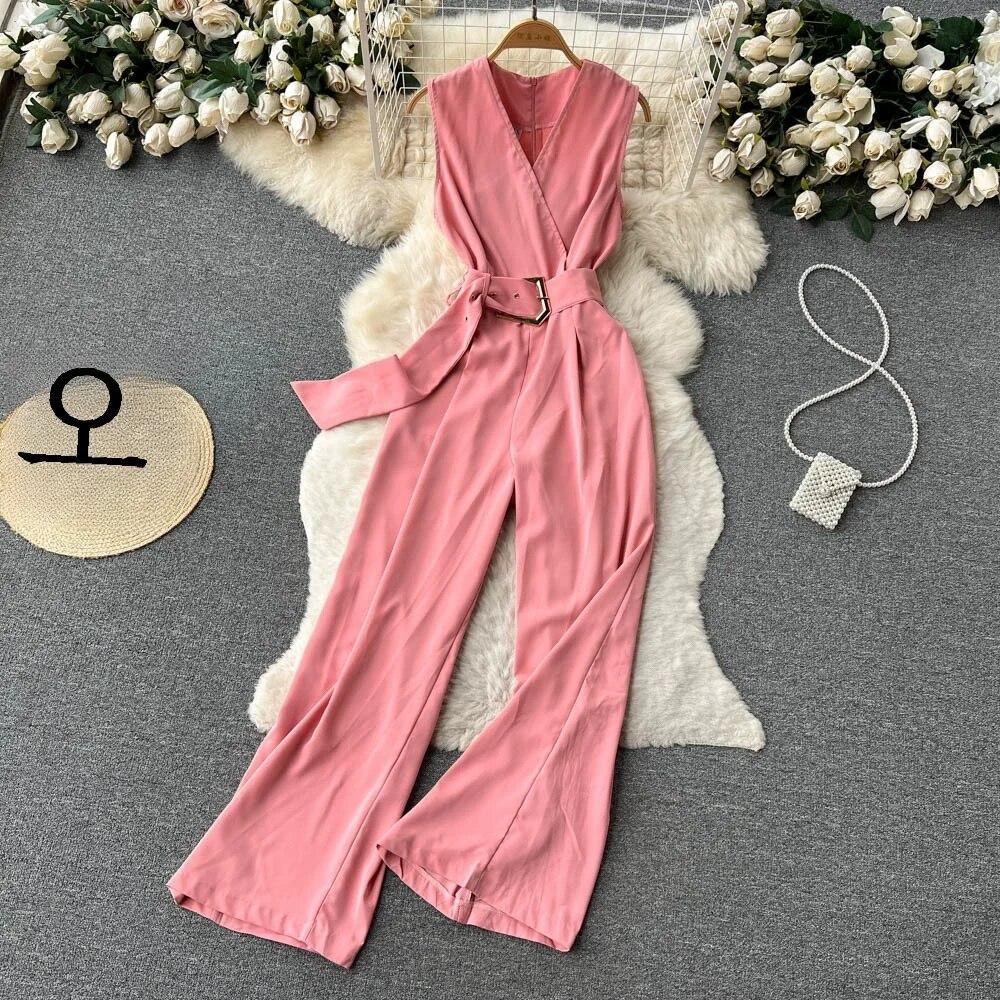 2024, primăvară și vară, nou sexy, cu decolteu în V, cu bretele în talie, care îmbrățișează, pantaloni lungi, drepti, grațioși, cu picioare late