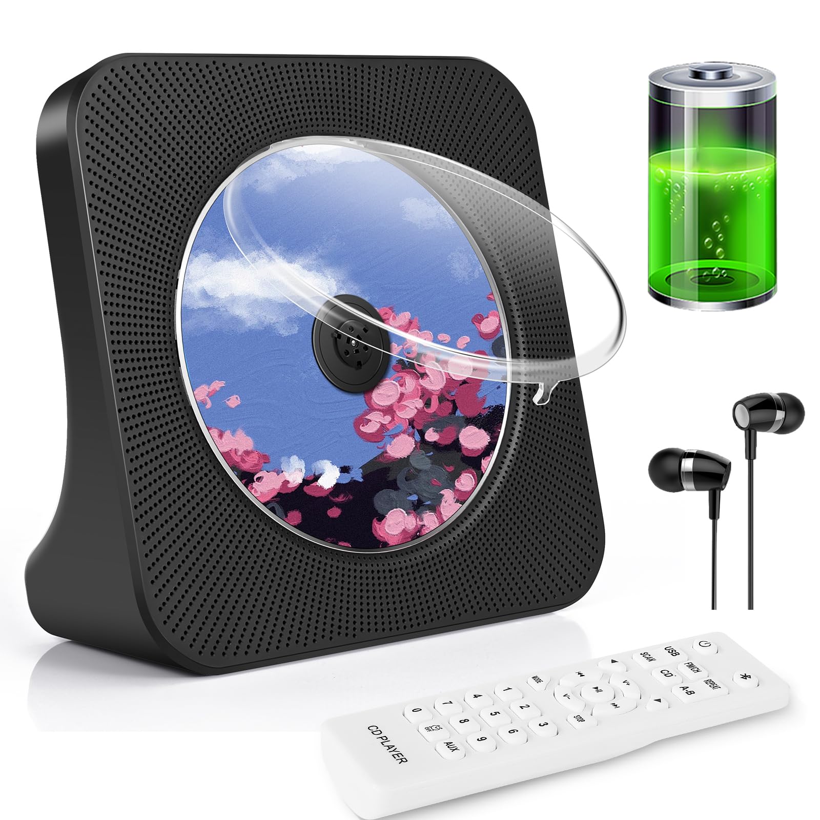 

Portable Desktop CD Player with Clear Dust Corded Music Language Japanese Instruction Manual Black Cover, Headphones, USB/AUX Mode, A-B Loop, чорний