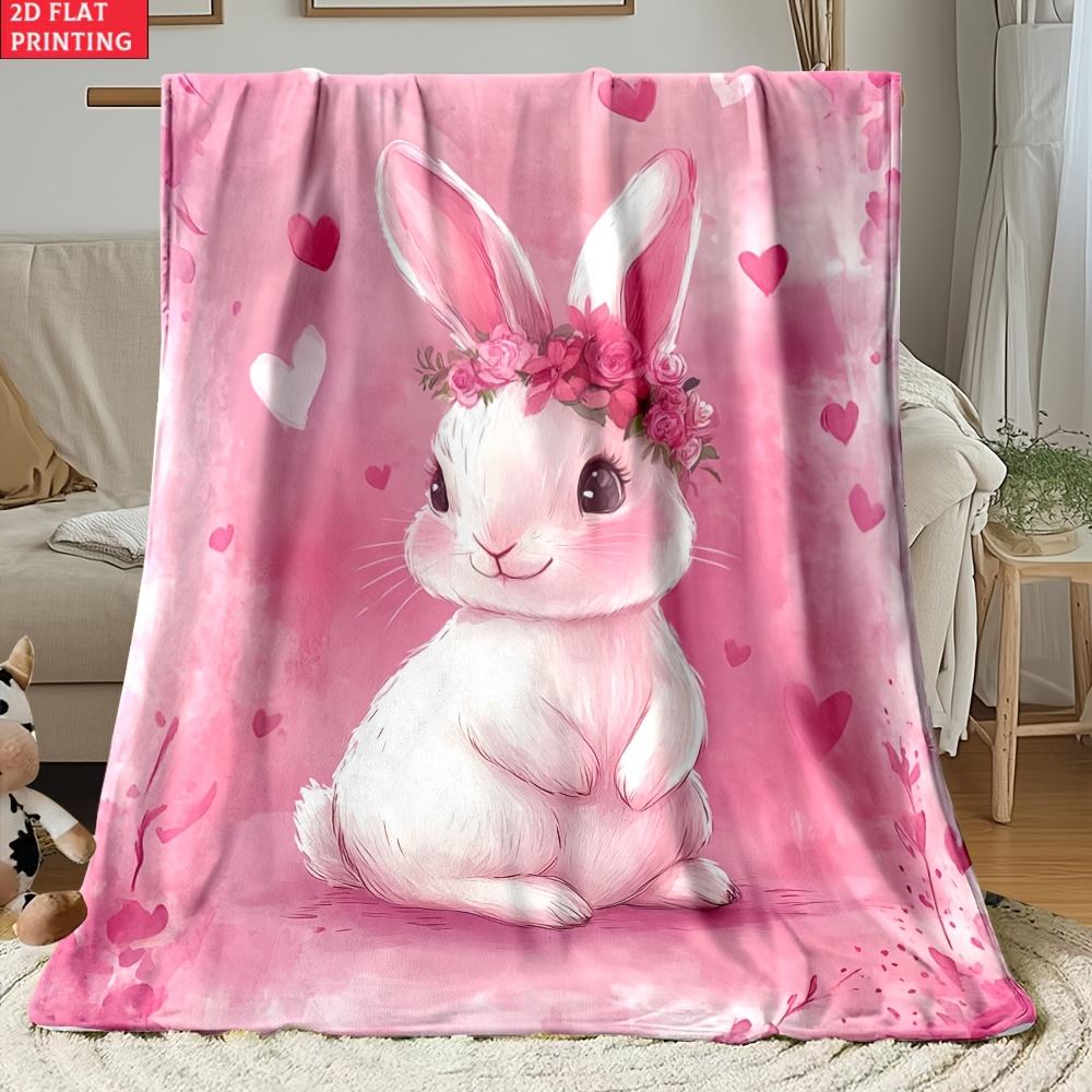 Bunny with Floral Crown Hearts Pink Throw Blanket - Cute Rabbit Animal Pattern Cozy Soft Accent for Bed Couch Travel Camping