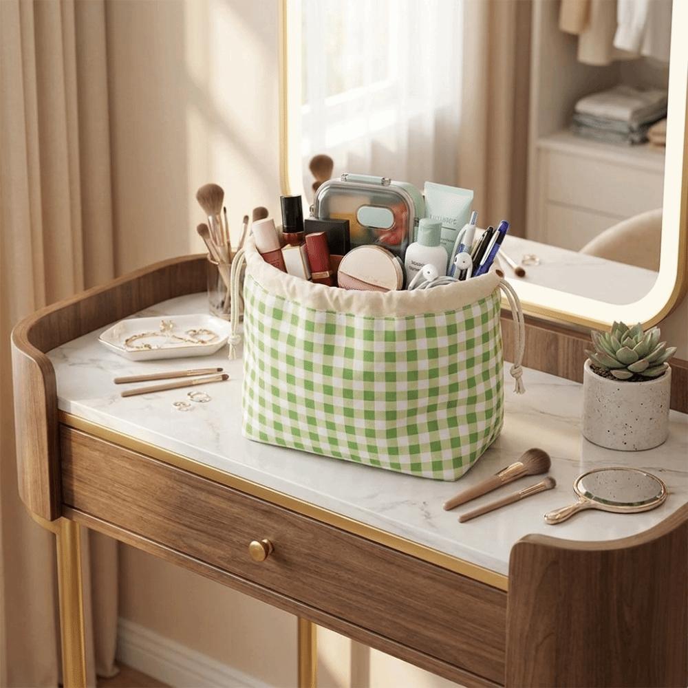 Large Capacity Plaid Drawstring Makeup Bag Portable Drawstring Storage Pouch Sundries Storage