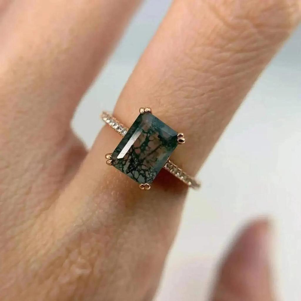 Emerald Cut Moss Agate Ring: Rose Gold Plated Stacking Wedding Ring: Cubic Zirconia Bridal Jewelry For Women