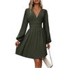 Women's Fashionable Solid Color V Neck Long Sleeved Pleated Versatile Dress