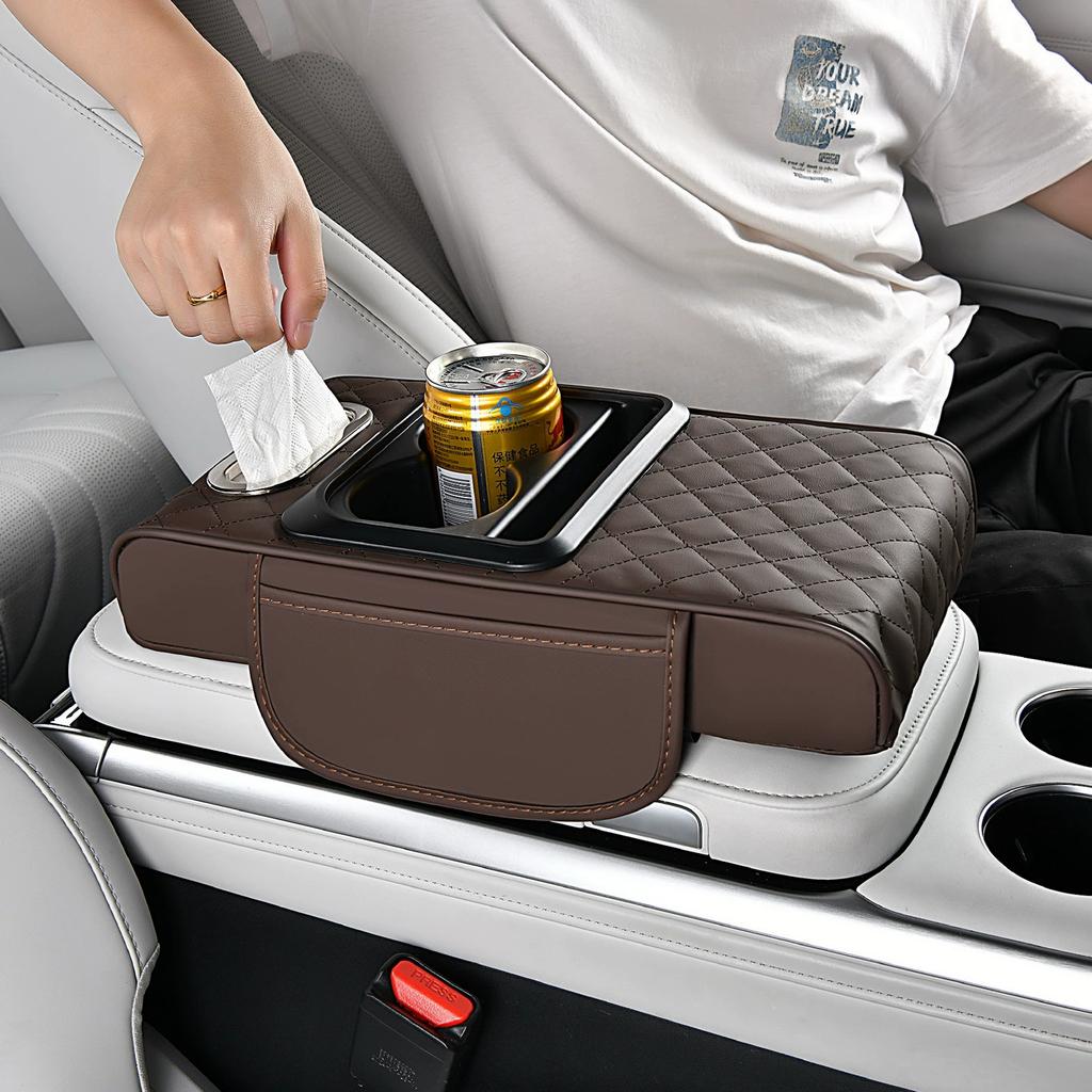 Car Center Console Armrest Cushion Thicken Arm Rest Box Pad Side Extension Cushion with Cup Holder Tissue Box Organizer Bag Universal Armrest Cover