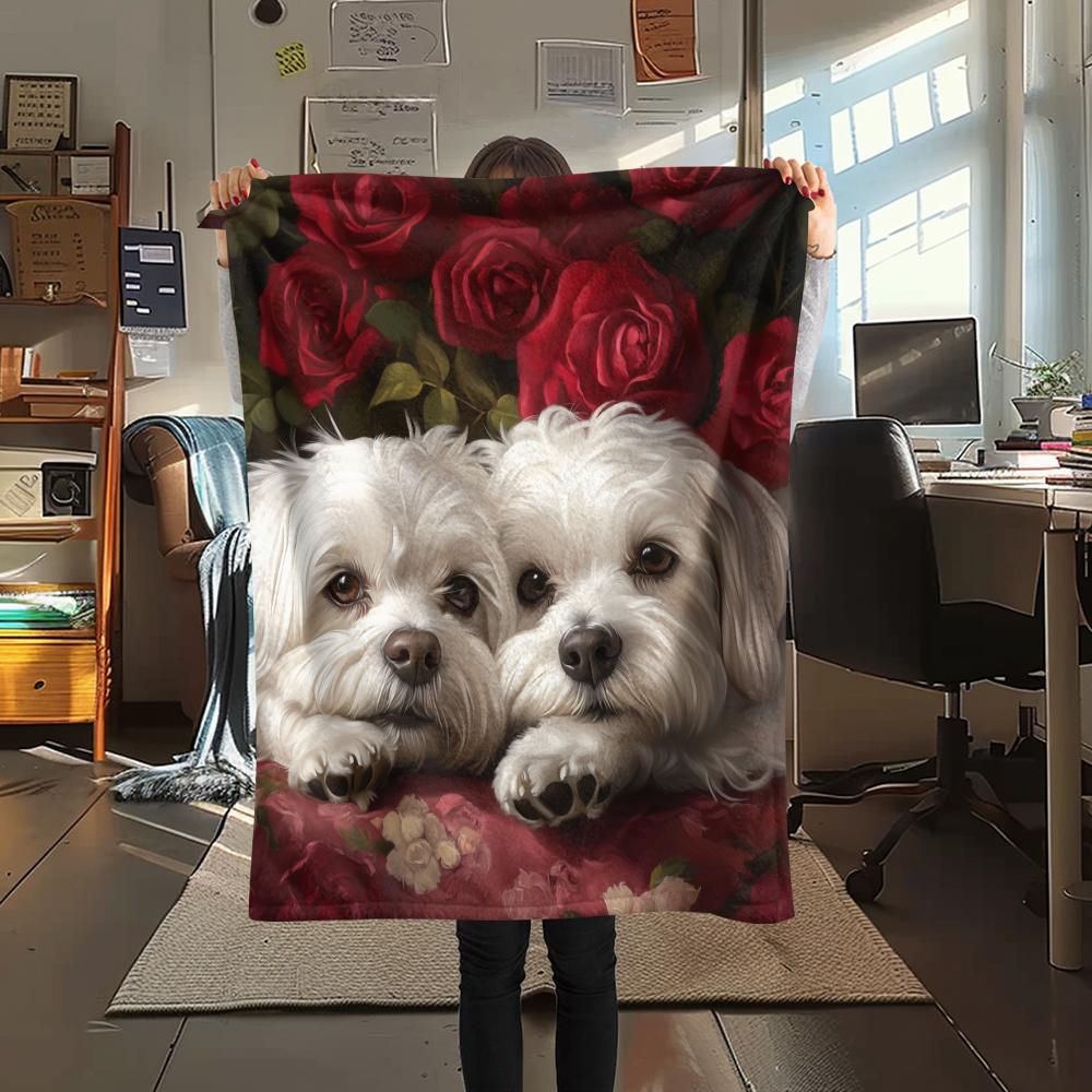 Maltese dog and roses,pattern Flannel Blanket, High quality Comfortable for All Seasons, Home Decor, Warmth and Comfort, Perfect for Gifts.