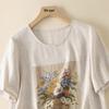 Women's Printed Linen Round Neck Short Sleeve Blouse
