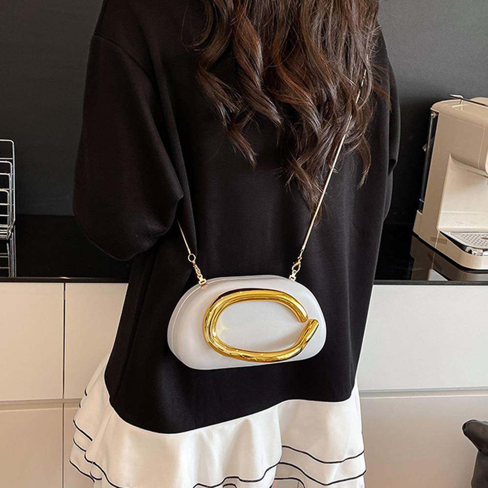 Women PU Leather Metal Handle Handbag with Chain Metal Decoration Evening Bag Hand-held Shoulder Clutch Bag for Evening Dinner