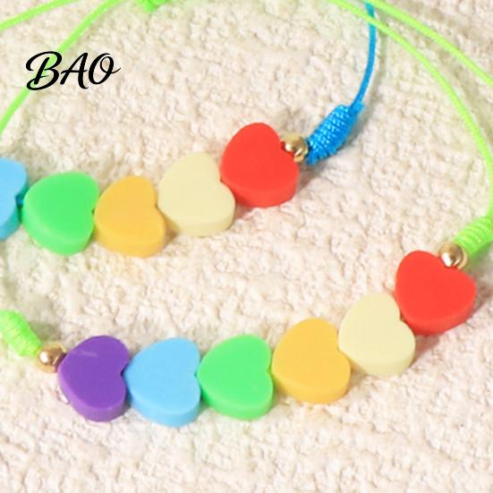 Fashionable Stackable Bracelet Colorful Hearts Bracelet, Handmade Braided Cord String Adjustable Sweet Aesthetic Hand Ornament Heart Shaped Clay Beads