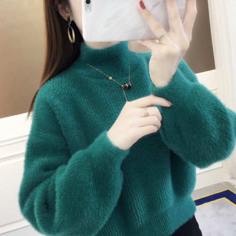 Women's Mink Velvet Lantern Sleeve Sweater - Loose, Half High Collar, Autumn/Winter Outerwear