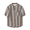 Japanese-Style Vintage Pullover Lyocell Ice Silk Color-Blocked Linen Striped Loose Stand-Collar Short-Sleeve Men's Shirt