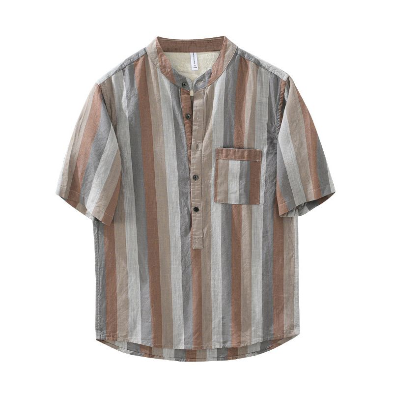 Japanese-Style Vintage Pullover Lyocell Ice Silk Color-Blocked Linen Striped Loose Stand-Collar Short-Sleeve Men's Shirt