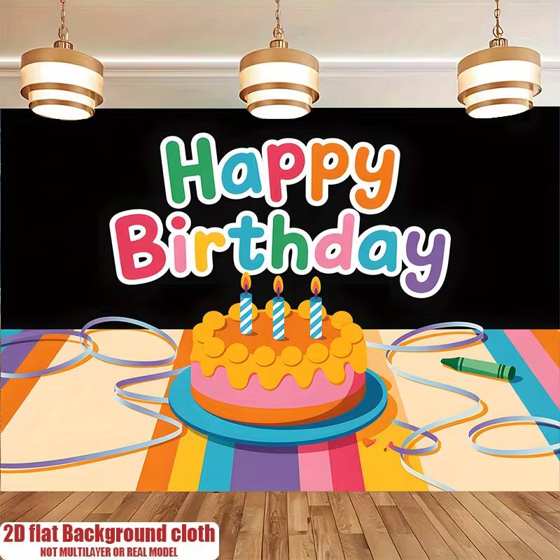 

2D Cartoon Birthday Cake Backdrop Colorful Happy Birthday Themed Party Banner 47.2x31.5inch/120*80cm