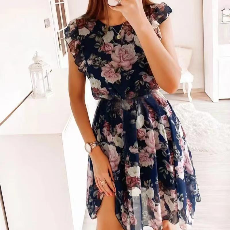 

GMXIA Летнее отпускное платье с короткими рукавами и оборками из шифона с принтом роз M тёмно-синий