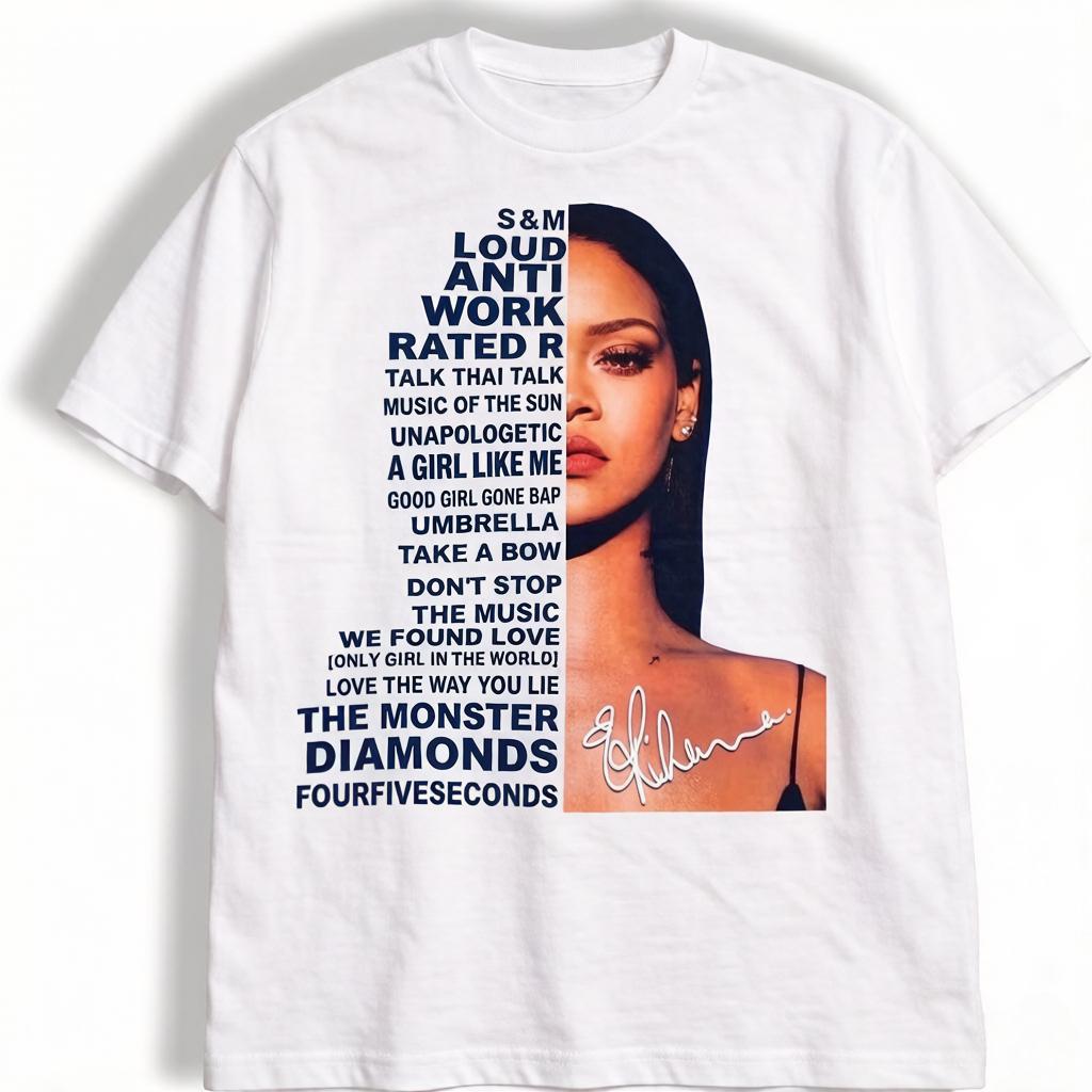 

Rihanna Unisex Women Rapper Print T-Shirt Short Sleeve Artist Double Sided Print Crew Neck Loose Edition Fashion Unisex Streetwear 4XL