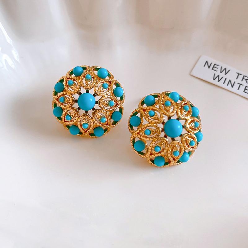 Medieval vintage silver needle turquoise flower hollow stud earrings retro court style earrings high sense earrings women
