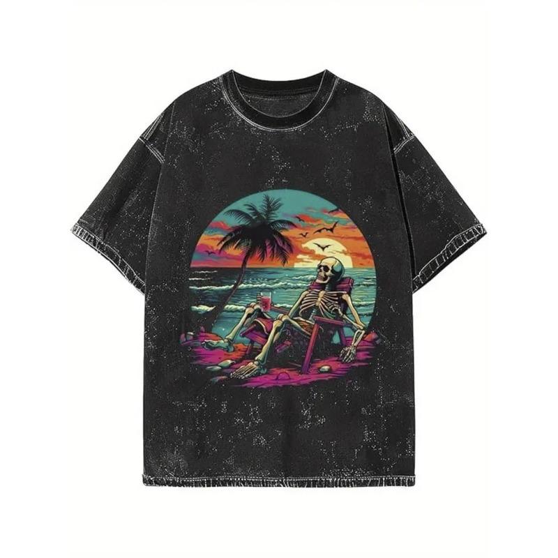 

European sizes Washed Print T-Shirt Printed Cotton Retro Style Fashion T-Shirt Suitable for Men s T-Shirt Fashionable Comfortable Tee Tops 5XL чорний
