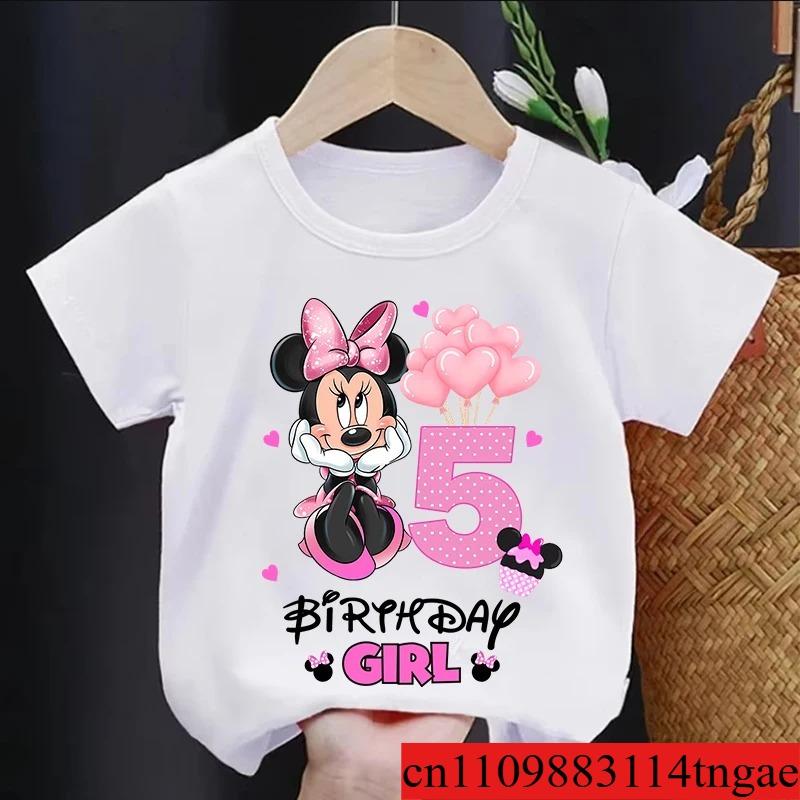 Minnie Mouse Disney T-shirt Kids Number T-shirts Cute Cartoon Base Tee White Pink Summer Soft Short-Sleeve Clothes Birthday Gift