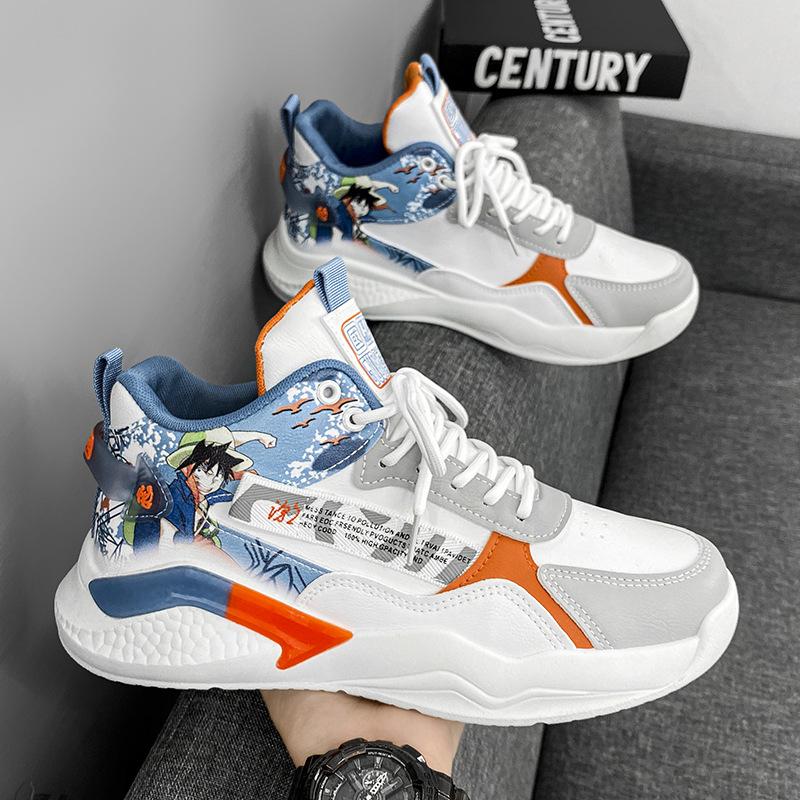 

Мужская обувь осень высокий верх маленькие белые приливные туфли 2025 новая мужская спортивная обувь Guochao анимация студенческая кожаная беговая обувь 44 белый