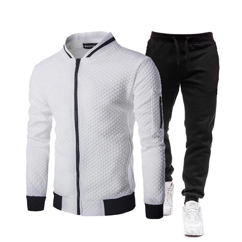 Men's Casual Plaid Stand-Up Collar Zipper Sweatshirt Jacket - Solid Color Set for Spring & Autumn