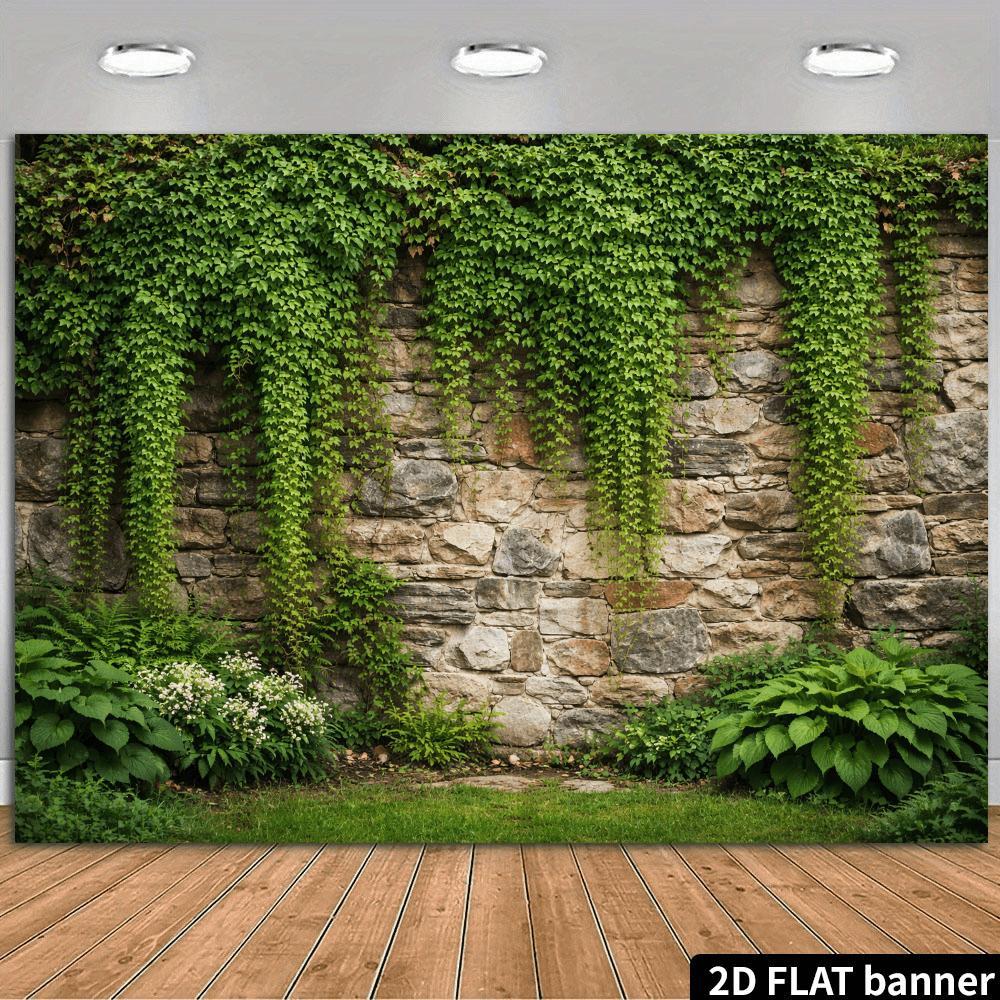 2D Planar Natural Wind Stone Wall with Climbing Vine Background Fabric, Lush and Dense