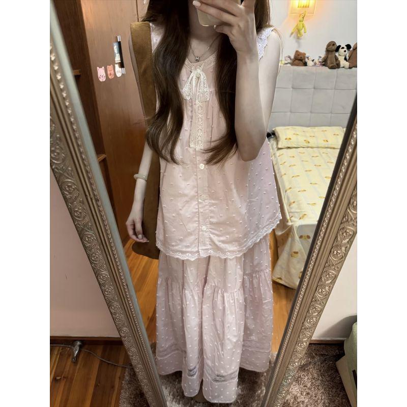 Kumikumi Sweet Set Lace Tether Cami Women Summer Lace Skirt A- Line Skirt Two-piece Set