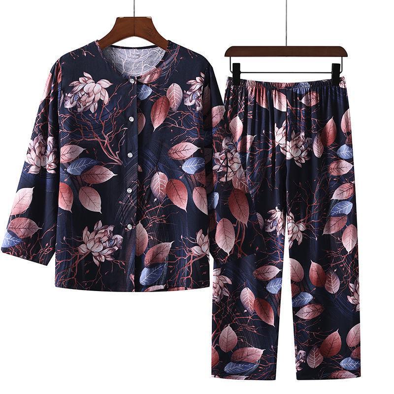Women's Cotton Silk Pajama Set: Long-Sleeve Top & Trousers for Middle-aged & Elderly, Spring/Summer. Perfect As Homewear or Outerwear.