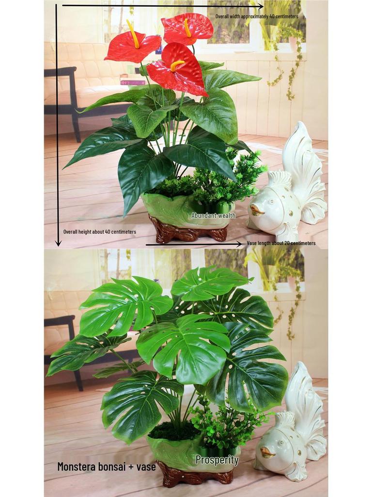 Artificial Bonsai Money Tree with Orange Flowers - Living Room Green Plant Decoration