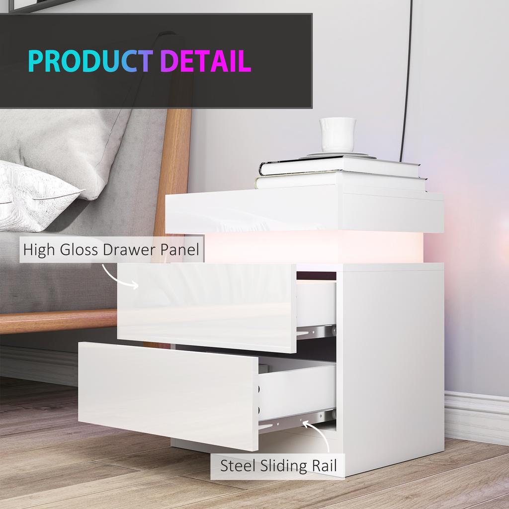 White Bedside Table with LED Light, High Gloss Front Nightstand with 2 Drawers, for Living Room, Bedroom, Set of 2