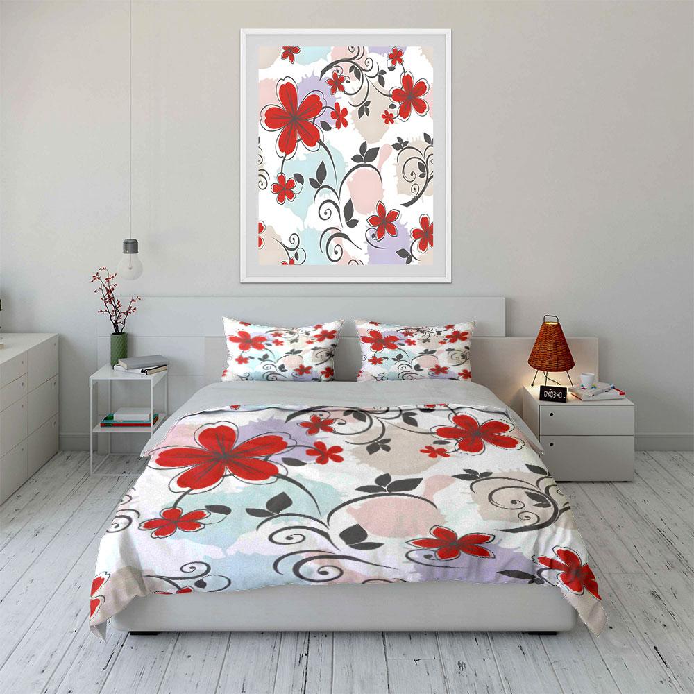 Red flowers with black leaves Print Bedding Set 1 Duvet Cover 2 Pillowcases for Adult and Children Luxury Gift Full Size
