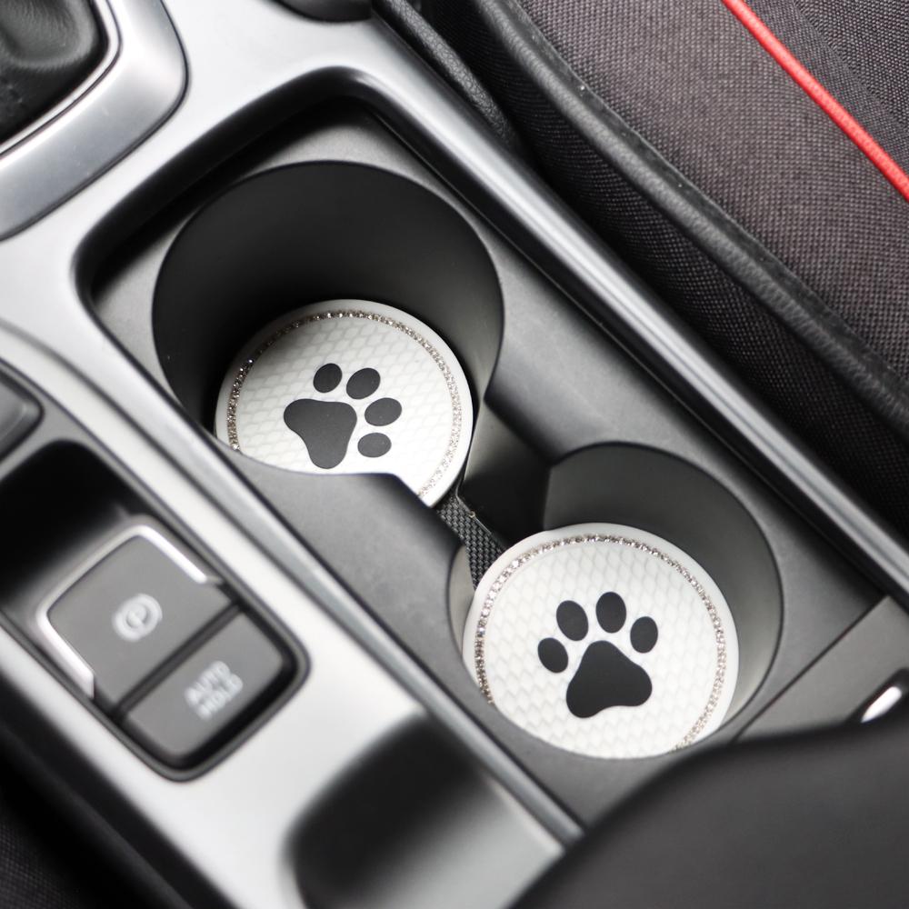 7CM Round Cup Holder Dog Paw Pattern Rhinestone Soft Silicone Anti Slip Mats Bling Crystal Car Coasters Interior Accessories