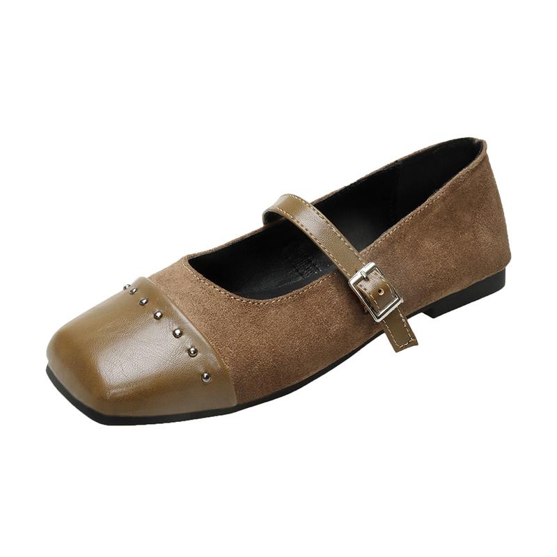 Fashion Women's Fashion Flat Shoes Square Head Shallow Mouth Splicing Suede Rivet Soft Sole Anti-slip Wear-resistant Single Shoes