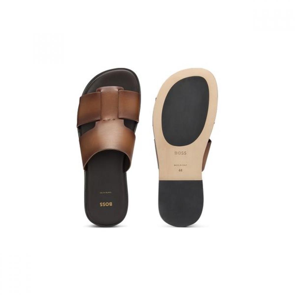 Boss Leather Slide Cutout Detail Medium Brown  50539243214 