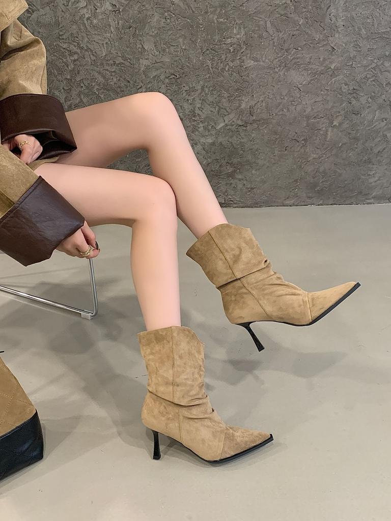 Stiletto French Temperament Leopard Print Pointed Short Boots Women's Boots Autumn 2025 New Suede Medium Tube Stacking Boots