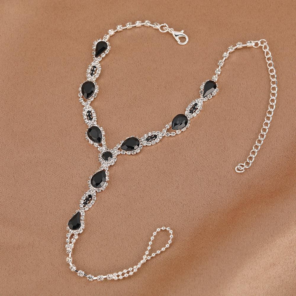 Браслет на щиколотку с кольцом на палец - Пляжные украшения со стразами, Европейский и американский стиль, Универсальный модный аксессуар чёрный