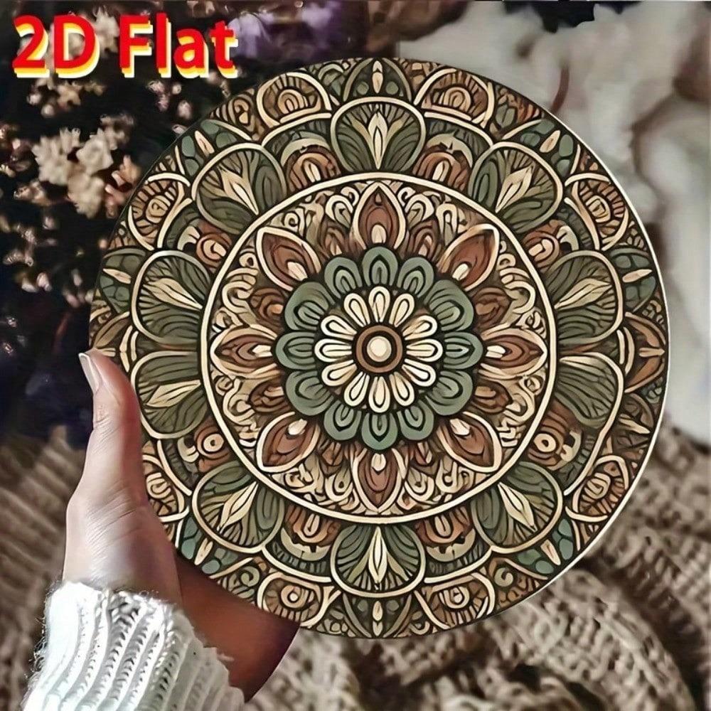 Vintage Mandala Metal Wall Art Round 7.87 Inch 2D Flat Floral Decorative Plate for Home Decor Green Brown Beige