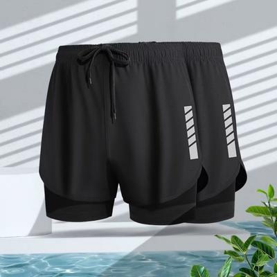 מכנסי שחיה קצרים לגברים Slim Fit שכבות כפולות ייבוש מהיר שמרני שרוך שחייה לנשימה שרוך שחייה אלסטי מותן מכנסיים קצרים לריצה ספורט מים