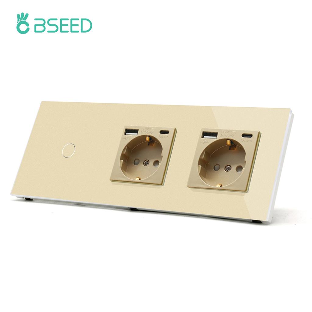BSEED Touch Sensor Switch 1/2/3Gang 1Way Wall Light Switches Crystal Glass Switch With Double Power Sockets EU Standard