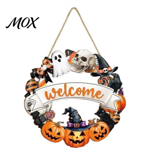 Scary Party Supplies Halloween Wooden Wreath Door Hanger Sign, Pumpkin Ghost Black Cat Witch Rustic Wall Art Bat Patterns, Hanging Plaque for