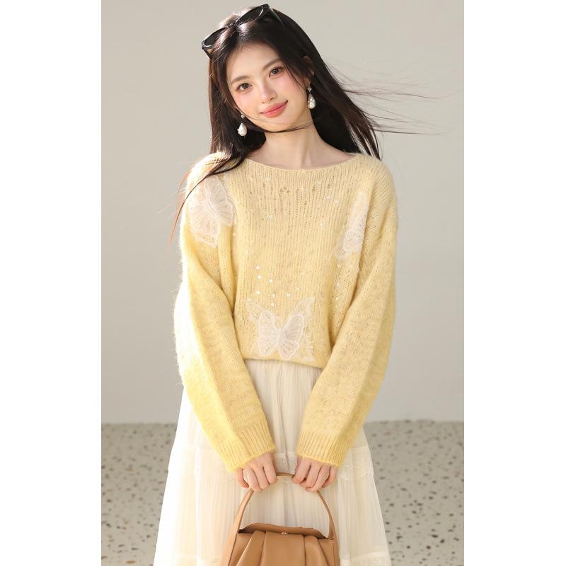 Women's Long-Sleeve Butterfly Bead Knit Sweater - Soft, Unique, and Elegant for Autumn/Winter