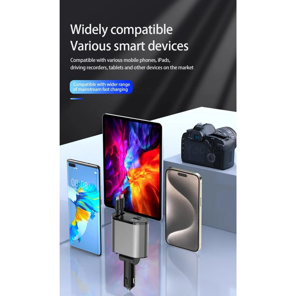 NEW 4 In 1 Retractable Car Charger 120W Super Fast Charge Car Phone Charger 2 Retractable Cables & 2 Ports Car Charger