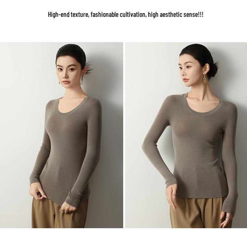 Mengyi Spring 18-Gauge Fine Wool U-Neck Slim Fit Women's Sweater