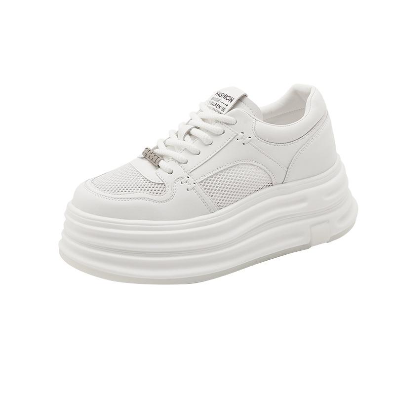 2025 new leather mesh white shoes women's platform Korean version sports shoes women's inner height increase casual lace-up board shoes women