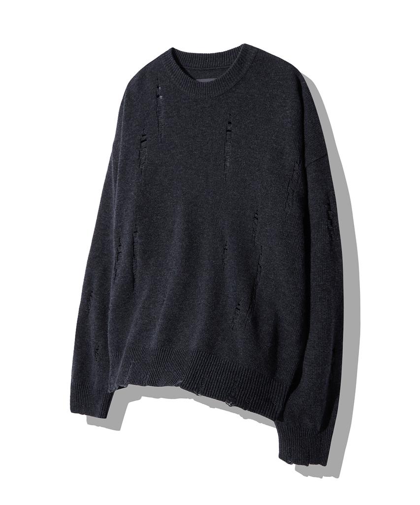 ULKIN Damaged Round Neck Knit_Charcoal
