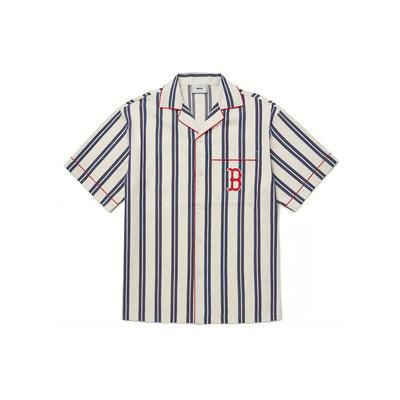 MLB Boston Red Sox Logo Embroidered Striped Button-Up Short Sleeve Shirt Unisex Shirts Navy-Blue 3AWS60123-43NYL