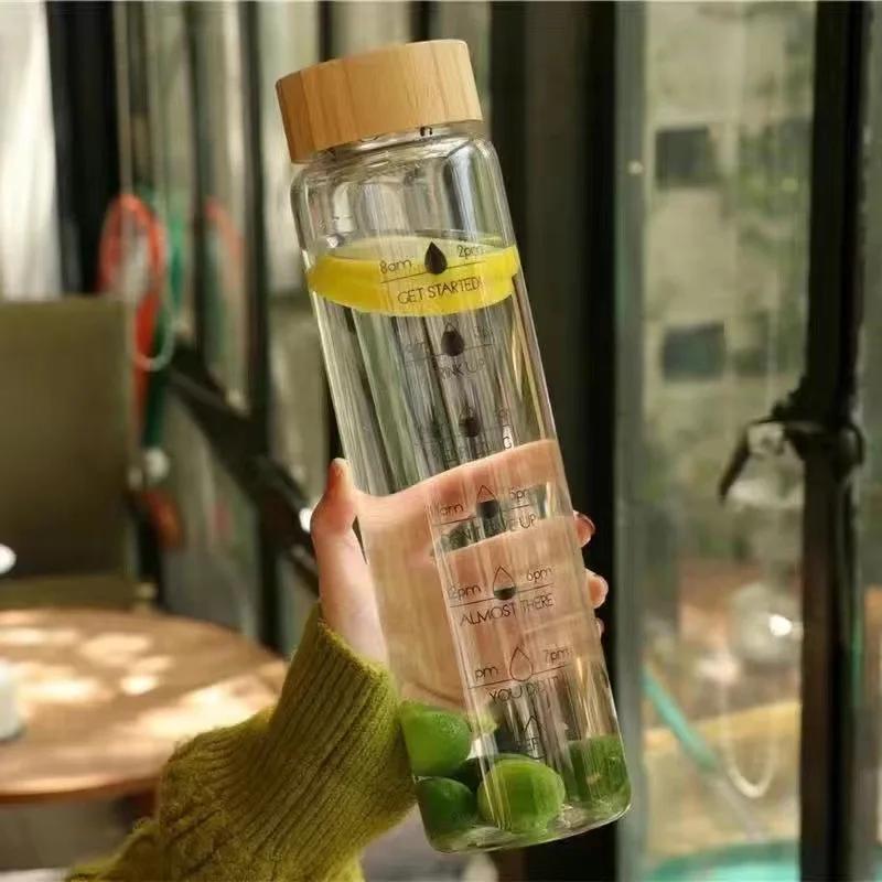 700/1000ml Large-capacity Glass Cup High Borosilicate Bamboo Lid Time Scale Portable Water Cup Tea Cup Accompanied By Gift Cups